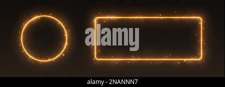 Golden neon frames with smoke and sparkles, fire borders concept. Stock Vector