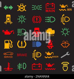 Set of car dashboard panel icons on a black background Stock Vector