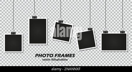 Set of photo frames with stationery clip on a transparent background Stock Vector