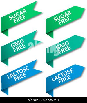 Set of tags ribbons. Sugar free, GMO free, lactose free Stock Vector