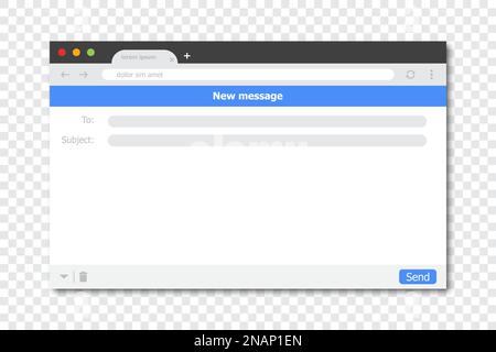 New message browser window frame template with shadow on a transparent background Stock Vector