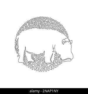 Continuous curve one line drawing of hippos are grazers abstract art in circle. Single line editable stroke vector illustration of stubby hippo Stock Vector