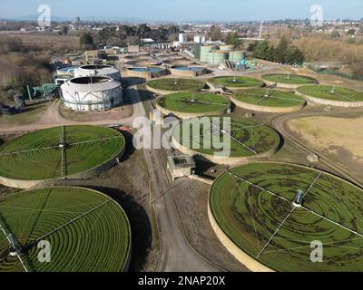Aerial view of Welsh Water sewage treatment water works at Hereford Herefordshire UK adjacent to the River Wye in February 2023 Stock Photo