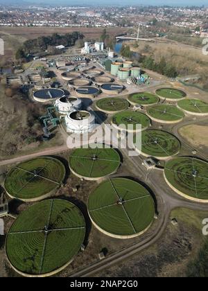 Aerial view of Welsh Water sewage treatment water works at Hereford Herefordshire UK adjacent to the River Wye in February 2023 Stock Photo