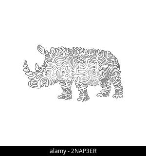 Single swirl continuous line drawing of powerful rhinoceros. Continuous line draw design vector illustration style of a strong body rhino Stock Vector