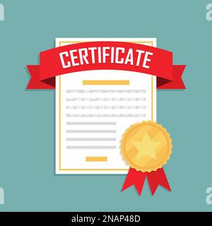 Certificate icon with ribbon and medal in a flat design. Stock Vector
