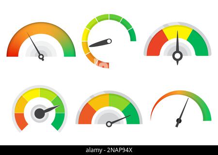 Set of different meter gauge element. Sustomer satisfaction meter collection. Set of level indicator icons Stock Vector