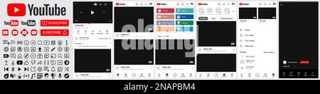 Vinnytsia, Ukraine, February 24 2021: set of Youtube icons and Youtube template frame for social media Stock Vector