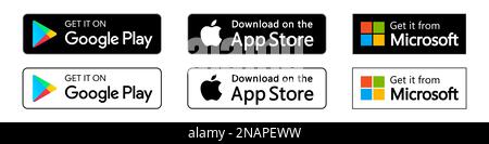 Set of Google Play Store, Apple App Store and Microsoft Store badges Stock Vector