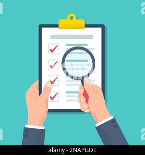 Businessman holding held magnifier on clipboard with audit document in a flat design Stock Vector