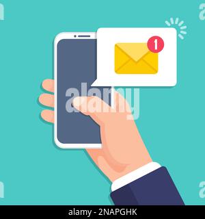 Hand holding smartphone with email message notification in a flat design Stock Vector