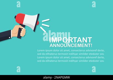 Hand holding megaphone with important announcement in a flat design Stock Vector
