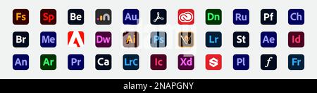 Set of Adobe products icons. Original Adobe logo collection Stock Vector
