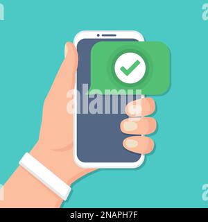 Hand holding smartphone with check icon in a flat design Stock Vector