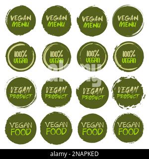 Vegan logo collection. Set of different grunge circles shapes label with different text Stock Vector