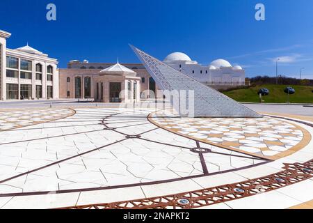 Bolgar, Russia - May 9, 2022: Sundial at the entrance of the five-star resort SPA-hotel Kol Gali Resort and Spa was opened in 2018. The hotel is locat Stock Photo