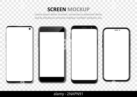 Set of four different smartphones with blank screen. Mock up of smartphones. Collection of smartphones with blank screen Stock Vector