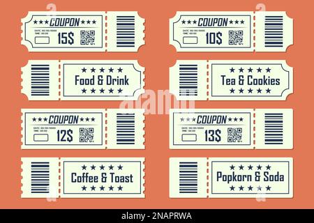 Set of coupons ticket card front and back in a flat design. Food and drink, coffee and toast, tea and cookies, popkorn and soda Stock Vector