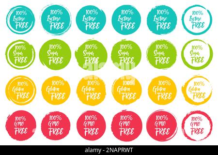Set of round labels with text - lactose free, sugar free, gluten free, gmo free. Grunge circles shapes for text Stock Vector