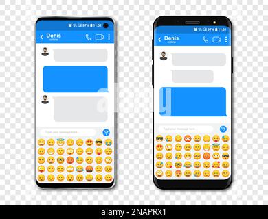 Set of smartphones with blank chat messenger and emoticons. Template with message bubbles in smartphone with emoji Stock Vector