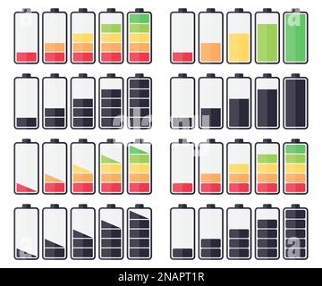 Set of battery charging indicator icons on a white background Stock Vector