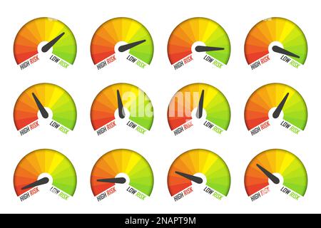 Set of risk speedometer icons with shadow. Measuring level of risk Stock Vector