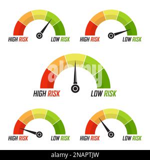 Set of risk speedometer icons in a flat design. Measuring level of risk Stock Vector