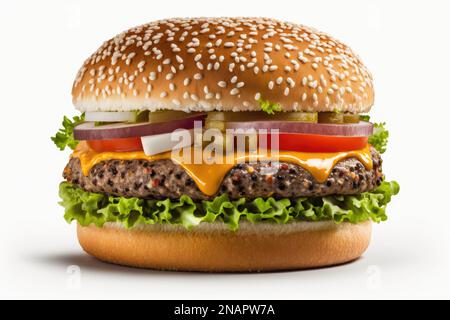 A mouth-watering hamburger in focus, sitting on a plain white background, ready to satisfy your cravings Stock Photo