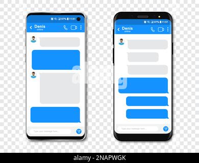Set of smartphones with blank chat messenger. Template with message bubbles in smartphone Stock Vector