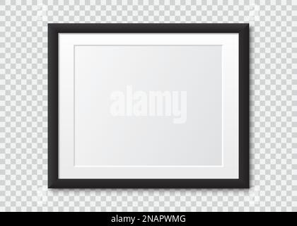 Realistic black blank picture frame with shadow. Photo frame mock up on a transparent background Stock Vector