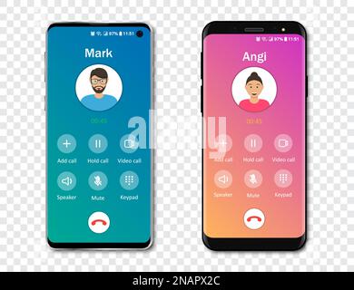 Smartphone call app interface template on a transparent background. Incoming call concept. Vector illustration Stock Vector
