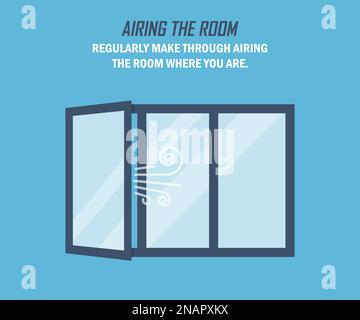 Recommendation during a coronavirus pandemic. Airing the room. Open window in a flat design on a blue background Stock Vector