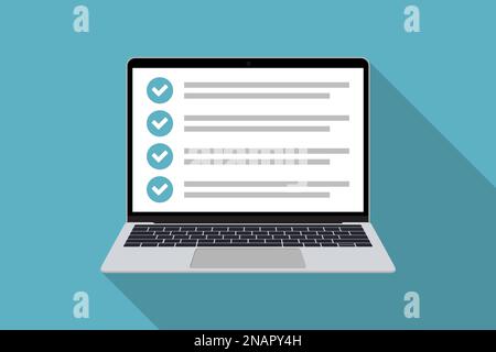 Laptop with checklist in a flat design with long shadow. List with checkboxes Stock Vector