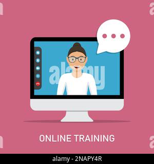 Online training with video teacher in computer monitor in a flat design Stock Vector