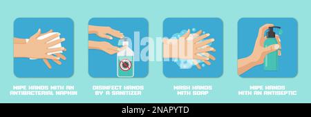 Hands wash and disinfection backgrounds set in a flat design. Preventive measures against coronavirus Stock Vector