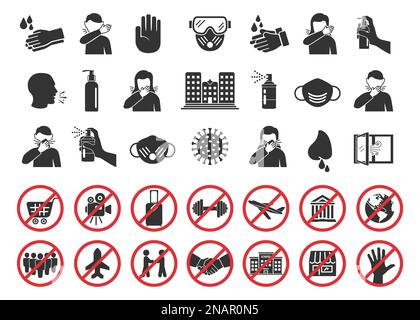Big set of coronavirus icons. Preventive virus protection measures, quarantine icons, prohibition symbols, virus prevention Stock Vector