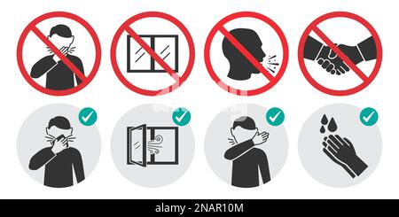 Preventive measures icons for not getting sick and not spreading virus. Set of prohibition signs Stock Vector