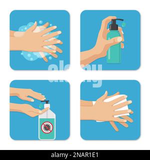 Hands wash and disinfection backgrounds set in a flat design. Preventive measures against coronavirus Stock Vector