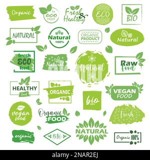 Big set of fresh eco organic grunge labels on a white background Stock Vector
