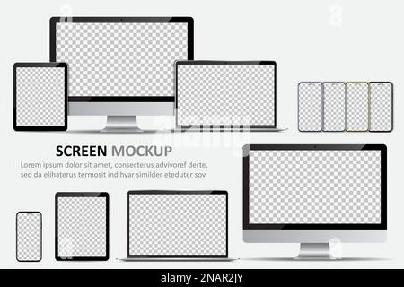 Screen mockup. Computer monitor, laptop, tablet and smartphone with blank screen for design Stock Vector