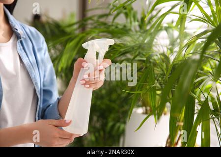 Woman spraying leaves of house plants indoors, closeup Stock Photo