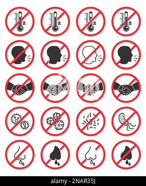 Set of prohibiting icons. No cough, no handshake, no runny nose, no fever, no virus Stock Vector