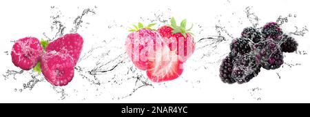 Render graphic with Strawberry, Blackberry and Raspberry. Picture with water drops, splashes and fruits. White isolated background crystal clear Stock Photo