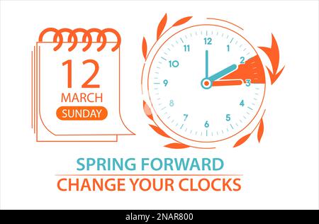 Daylight Saving Time Begins 2023 web banner. Change your clocks forward one hour. Spring forward web guide reminder with schedule and date in graphic Stock Vector