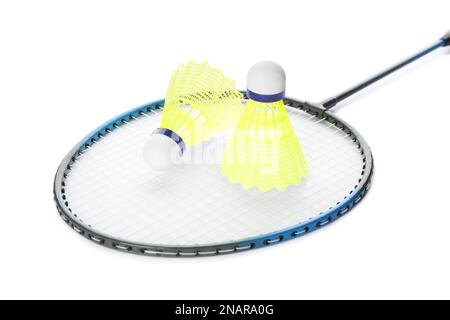 Badminton racket and shuttlecocks on white background Stock Photo