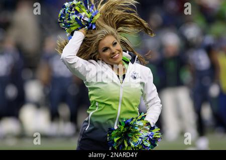 The Seattle Seahawks Sea Gals cheerleaders perform in the first half of an  NFL football game against the Philadelphia Eagles, Thursday, Dec. 1, 2011,  in Seattle. (AP Photo/Ted S. Warren Stock Photo 