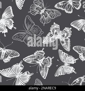 Vector Seamless Pattern with Hand Drawn Butterflies on White Background. Butterflies Collection, Vintage Vector Design Elements of Butterfly Stock Vector
