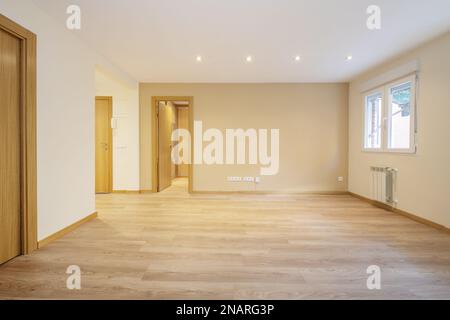 Empty one-story living room with floating oak flooring, access doors to other rooms, integrated lamps in the false plaster ceiling and white aluminum Stock Photo