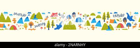 Cute hand drawn vector seamless pattern with camping doodles, tents, landscape and trails, great for textiles, banners, wallpapers Stock Vector