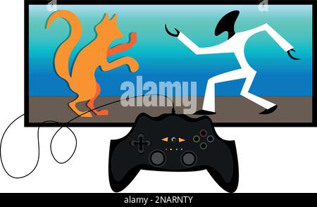 Playing computer games using a joystick. The best computer game fights and battles. Stock Vector